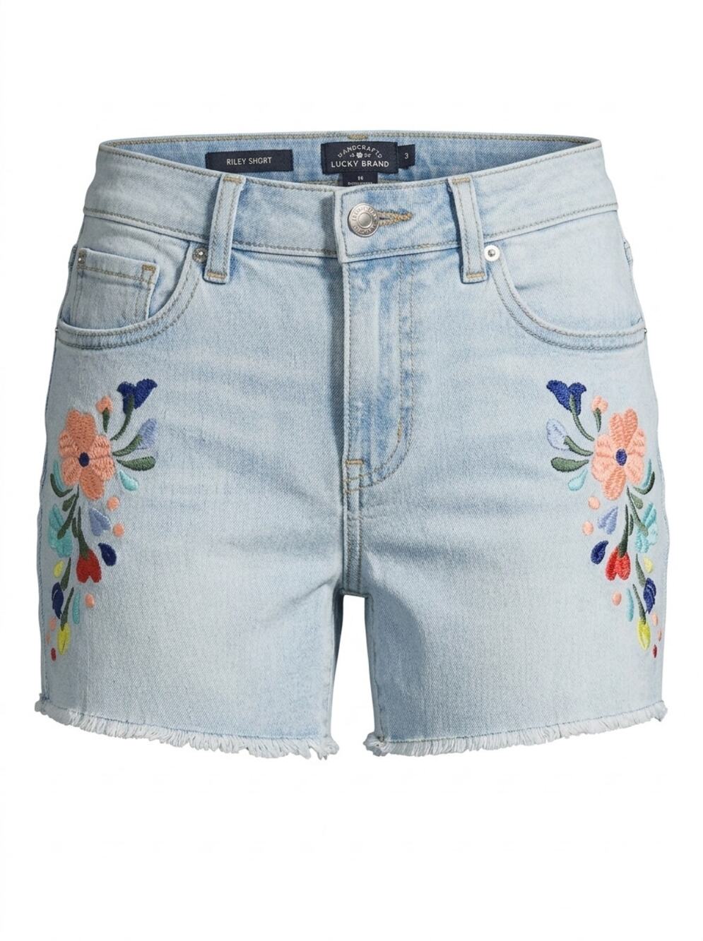 Lucky Brand Riley Short Embroidered Floral Light Wash Denim Women Size 16